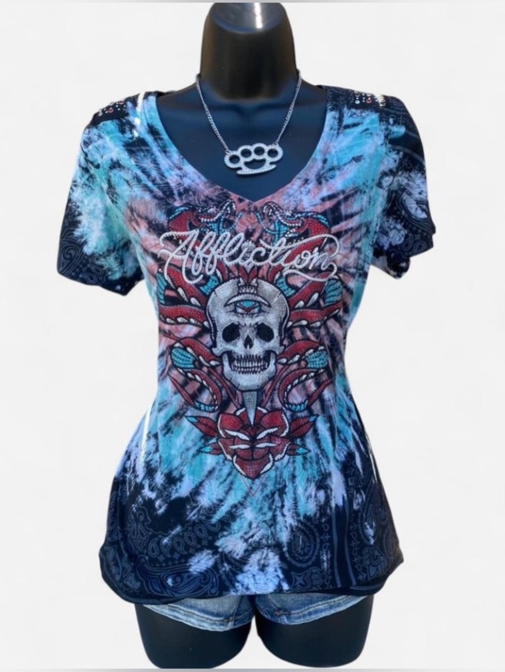 Y2k Affliction Blue & Black Tie Dye Skull & Snake Design Tee with Rhinestones